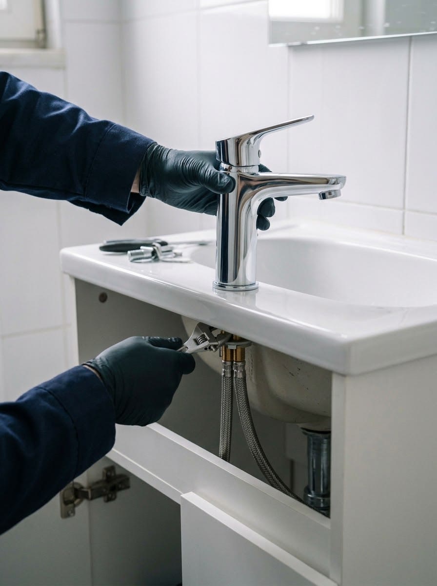 Lavabo altında bataryanın bağlantısı anahtarla sıkılıyor